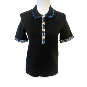 Maje Mexicana Polo Metallic Trim Sweater Black Size 1 (Small)